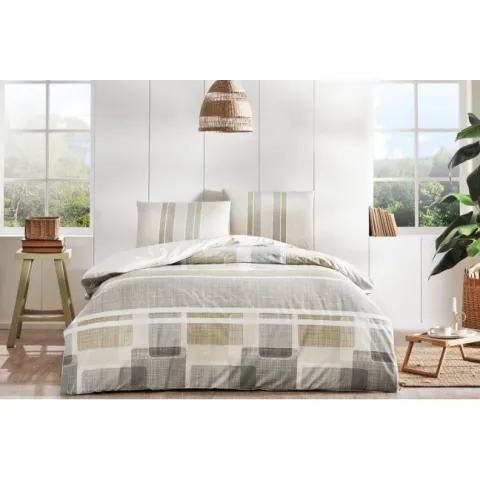 Lenjerie pat dubla Ranforce cu Elastic, 4 piese, 220cm x 240cm, Domino Maro Turcia