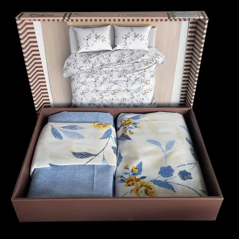 Lenjerie pat dubla, 4 piese, 220cm x 240cm, Alb-Albastru LB70AAA4FL