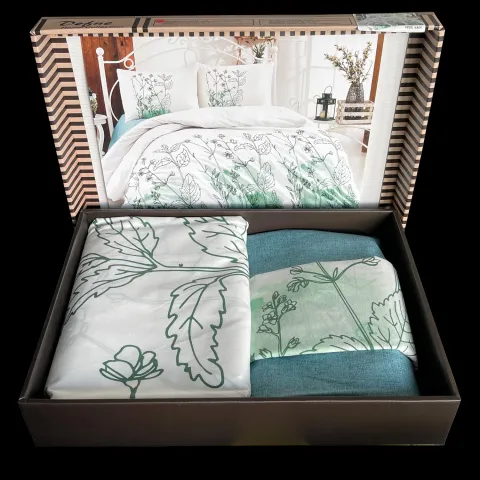 Lenjerie pat dubla, 4 piese, 220cm x 240cm, Alb cu Flori Verzi LB70AV4FL