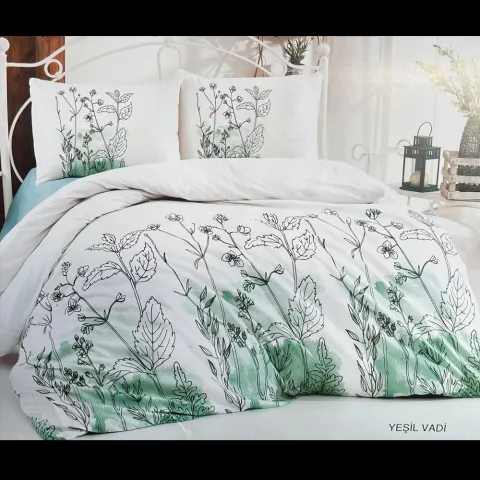 Lenjerie pat dubla, 4 piese, 220cm x 240cm, Alb cu Flori Verzi LB70AV4FL