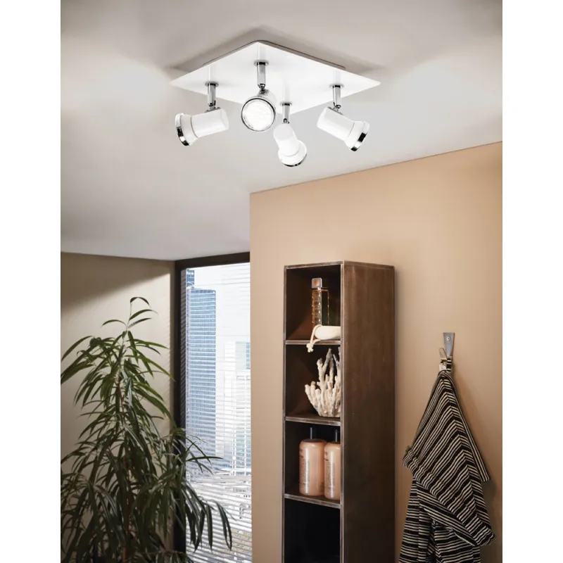 Plafoniera Baie Eglo Tamara 1 95995, Gu10 4X3.3W Ip44, Sticla, Otel, Alb, Crom