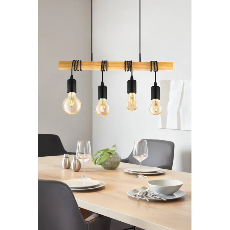 Suspensie Vintage Eglo Townshend 32916, E27 4X60W, Lemn, Maro, Negru