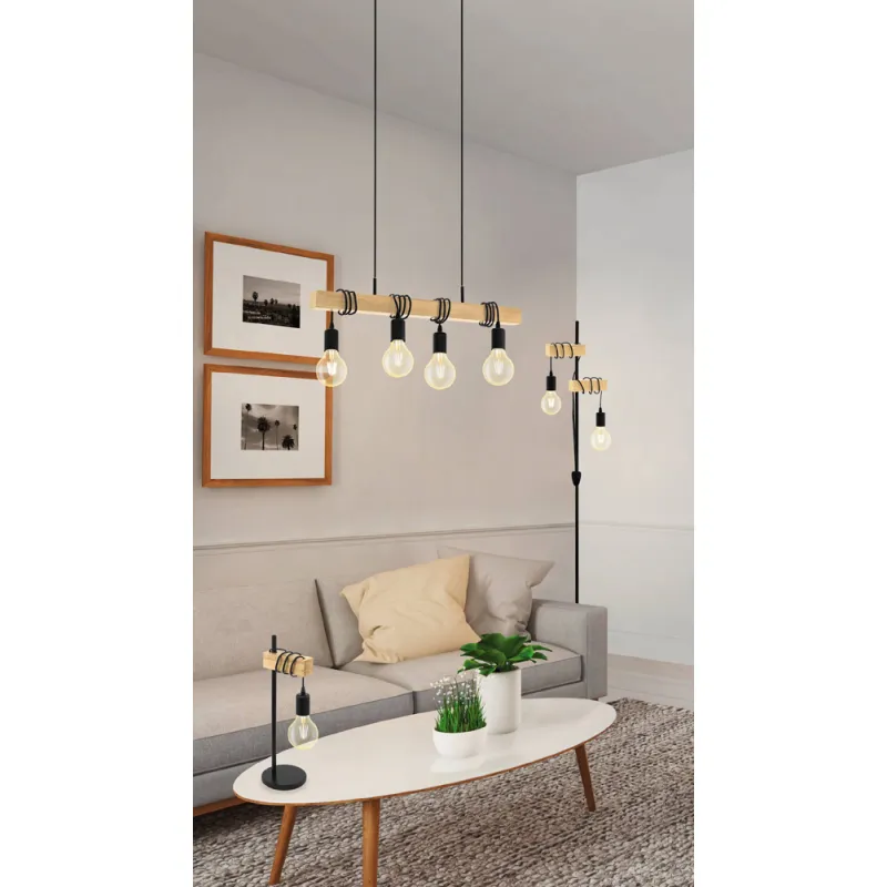 Suspensie Vintage Eglo Townshend 32916, E27 4X60W, Lemn, Maro, Negru