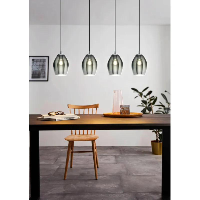 Suspensie Eglo Estanys 39566, E27 4X60W, Sticla Aburita, Nichel Nero