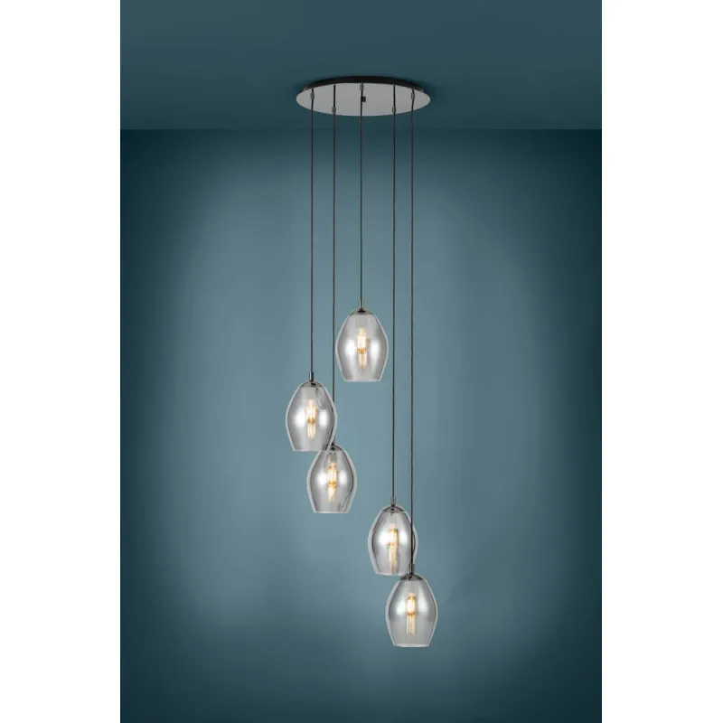 Suspensie Eglo Estanys 39567, E27 5X60W Ø580Mm, Sticla Aburita, Nichel Nero
