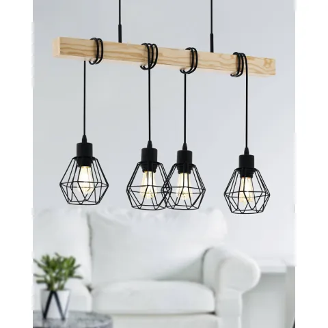 Suspensie Vintage Eglo Townshend 5 43132, E27 4X60W, Lemn, Maro, Negru