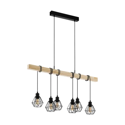Suspensie Vintage Eglo Townshend 5 43133, E27 6X60W, Lemn, Maro, Negru