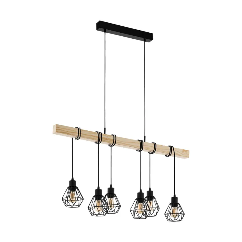 Suspensie Vintage Eglo Townshend 5 43133, E27 6X60W, Lemn, Maro, Negru