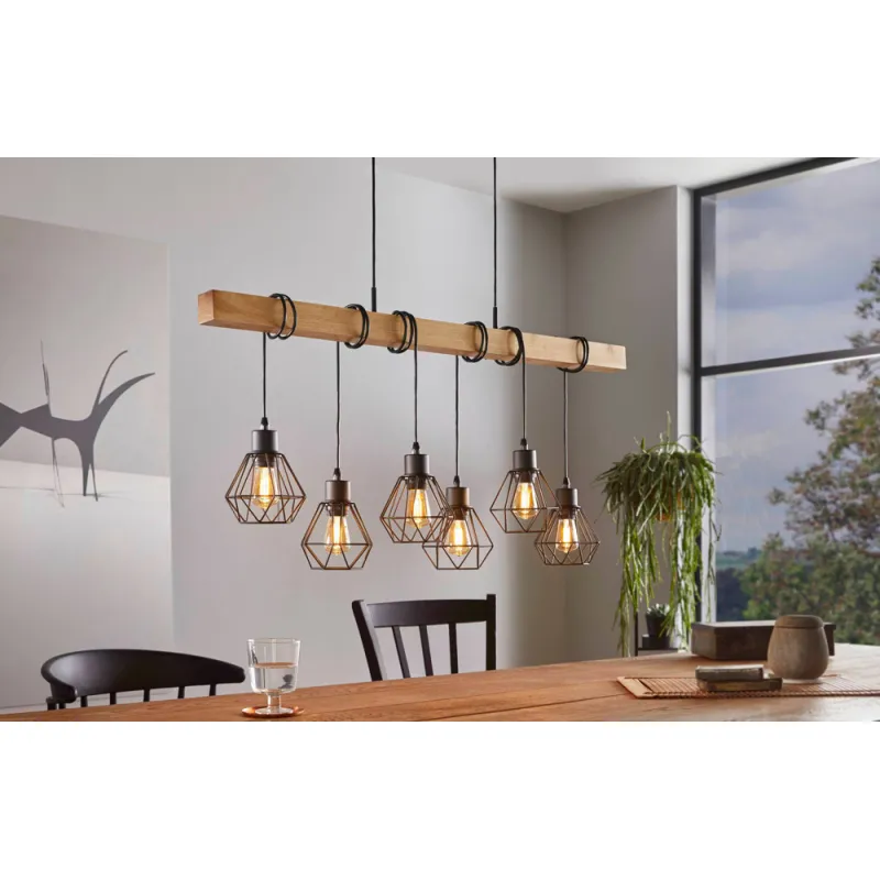Suspensie Vintage Eglo Townshend 5 43133, E27 6X60W, Lemn, Maro, Negru