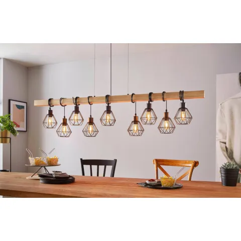 Suspensie Vintage Eglo Townshend 5 43134, E27 9X60W, Lemn, Maro, Negru