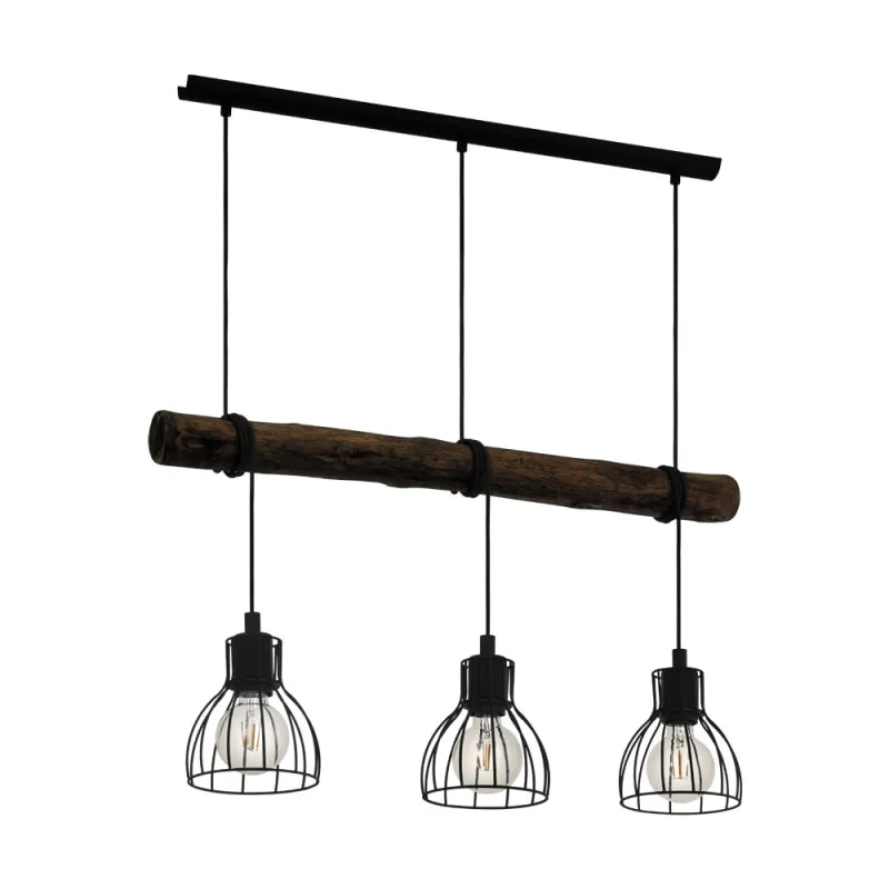 Suspensie Vintage Eglo Horningtops 43352, E27 3X40W, Lemn, Natur, Negru