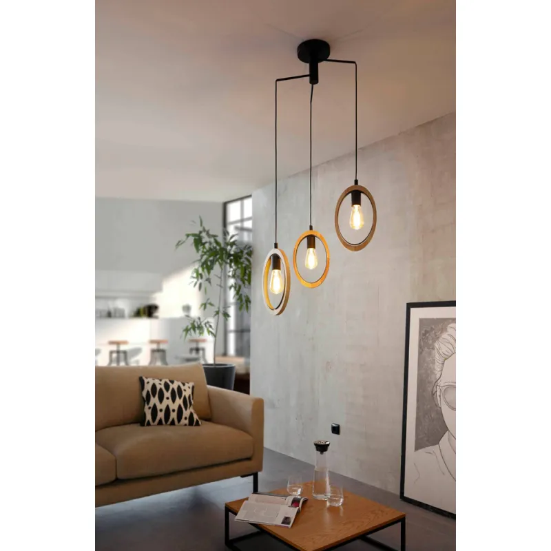 Suspensie Vintage Eglo Basildon 43463, E27 3X40W Ø615Mm, Lemn, Maro, Negru