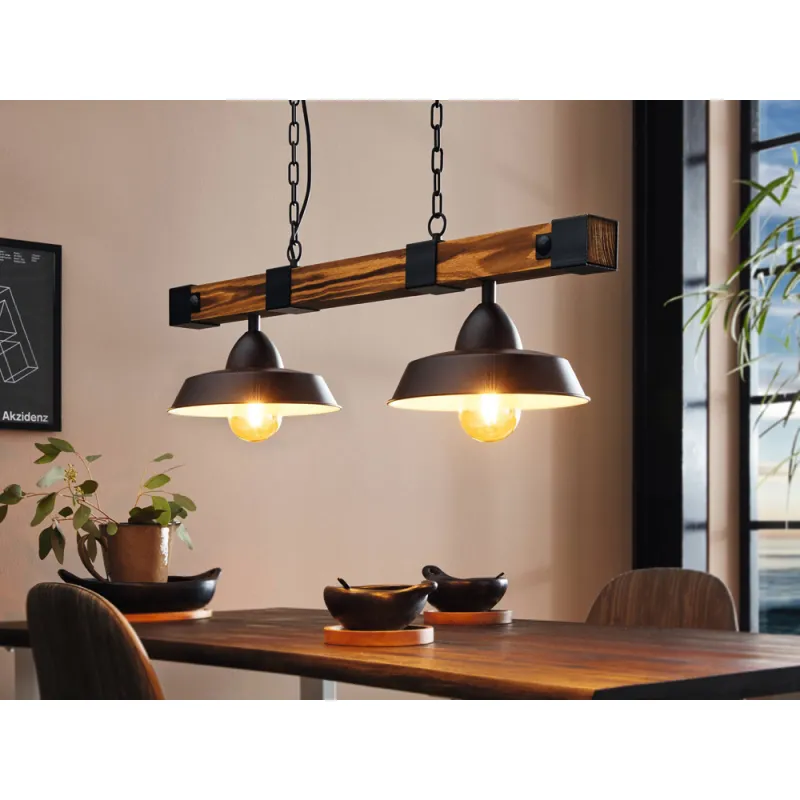Suspensie Vintage Eglo Oldbury 49684, E27 2X60W, Lemn, Maro Rustic, Negru