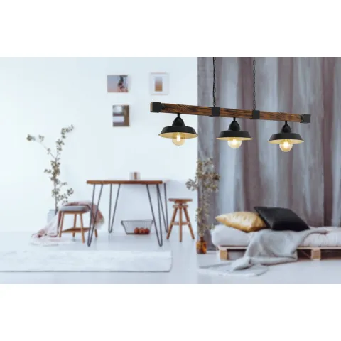 Suspensie Vintage Eglo Oldbury 49685, E27 3X60W, Lemn, Maro Rustic, Negru