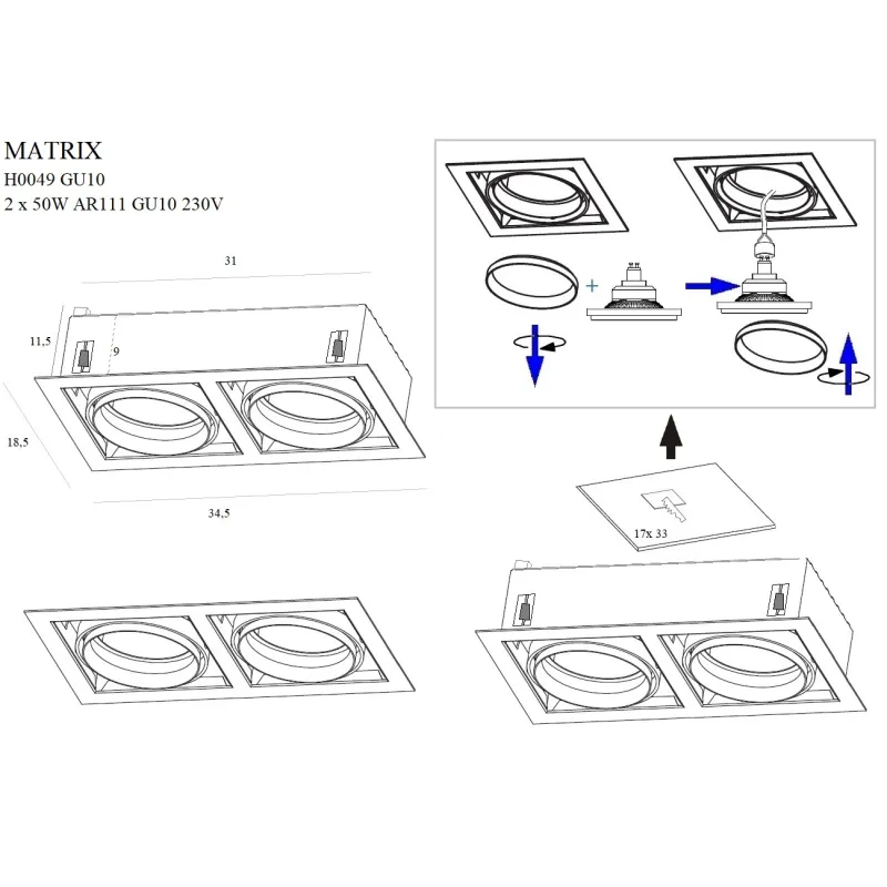 Spot Incastrat MATRIX H0049 Max Light GU10, Negru, Polonia