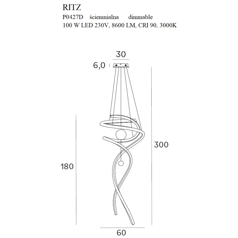 Suspensie RITZ P0500D Max Light LED, Negru, Polonia