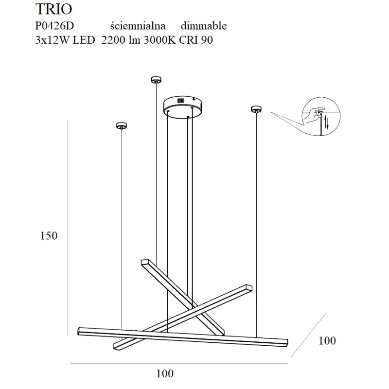 Suspensie TRIO 3 P0426D Max Light LED, Auriu, Polonia