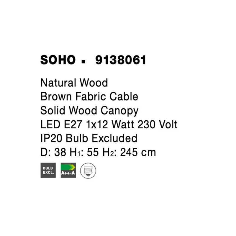 Pendul 9138061 Soho Nova Luce, Natural, E27, Maro