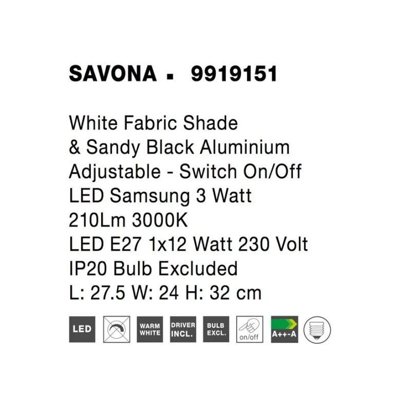 Aplica 9919151 Savona Nova Luce, Modern, E27, Negru